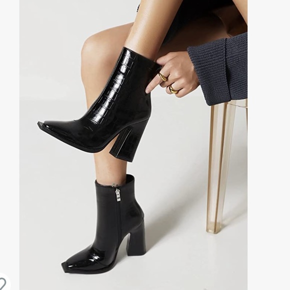 Women's Chunky Heel Ankle Boots - Square Toe, Block Heel, Side Zipper, Mid Calf Height - View #5